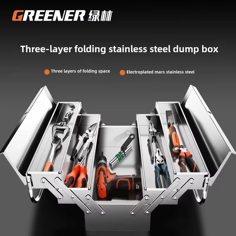 Boîte à outils en acier inoxydable pour usage industriel et domestique avec conception pliable et espace de rangement à 3 couches AE
