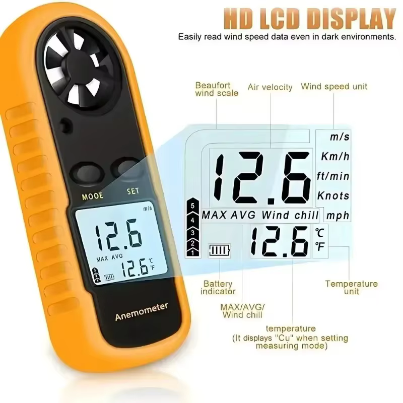 Anémomètre numérique portable avec affichage LCD rétroéclairé pour la mesure de la vitesse du vent et de la température, idéal pour la navigation, les drones, la randonnée, les applications HVAC et le
