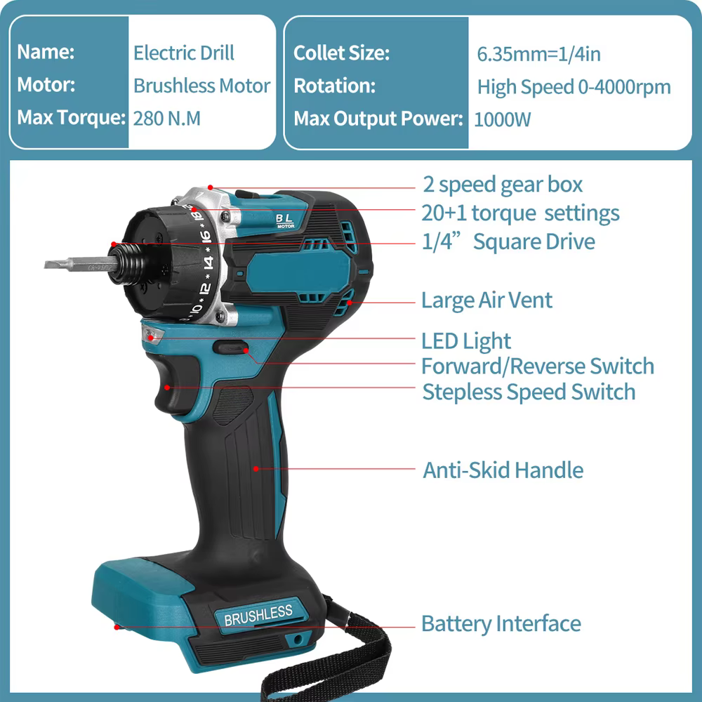 Tournevis électrique sans fil, 1000W, couple 20 + 1, 1/4 pouces, sans balais, perceuse électrique, outil électrique pour Makita, batterie 18V 280N.m