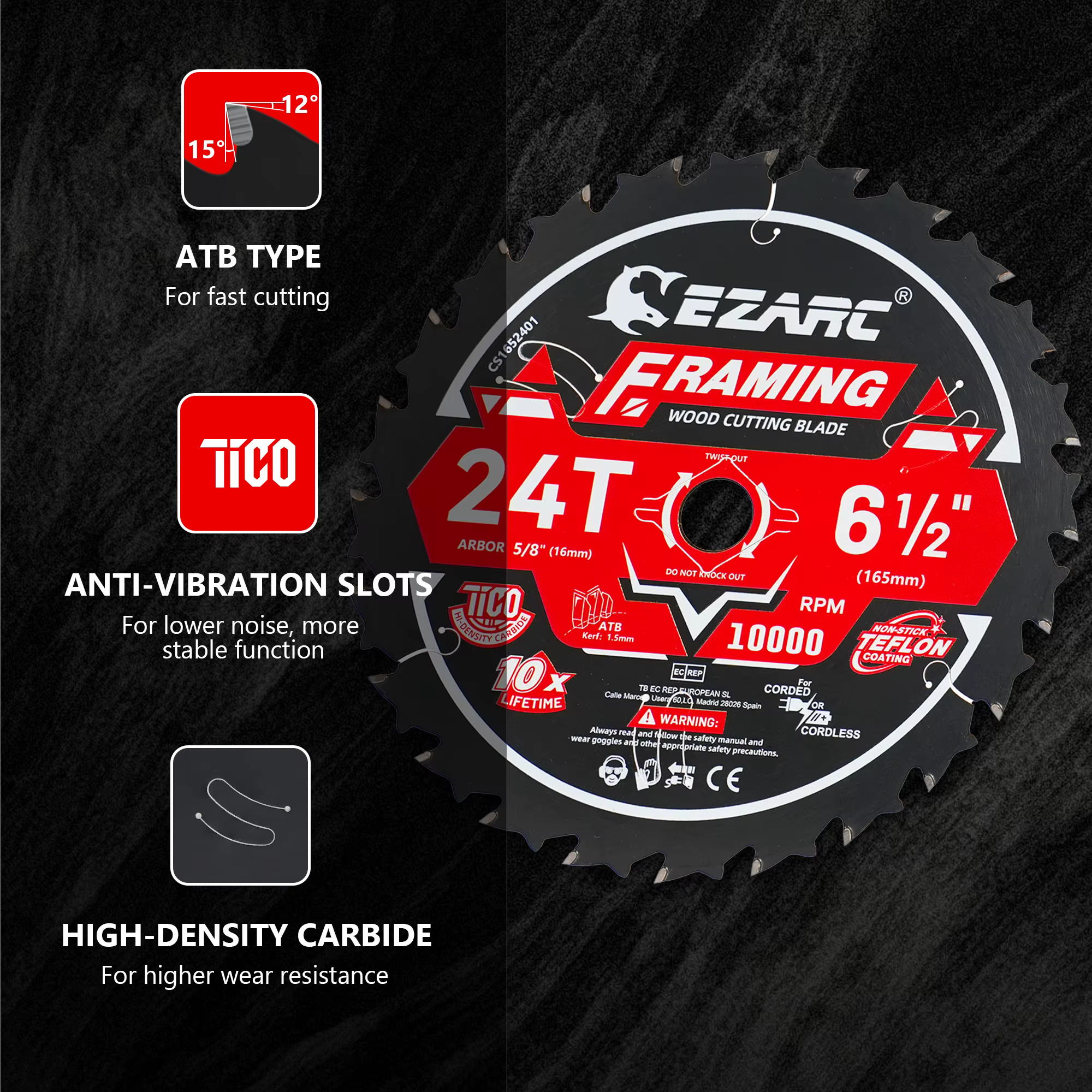Lame de scie circulaire EZARC 6-1/2 pouces 24T/40T/60T