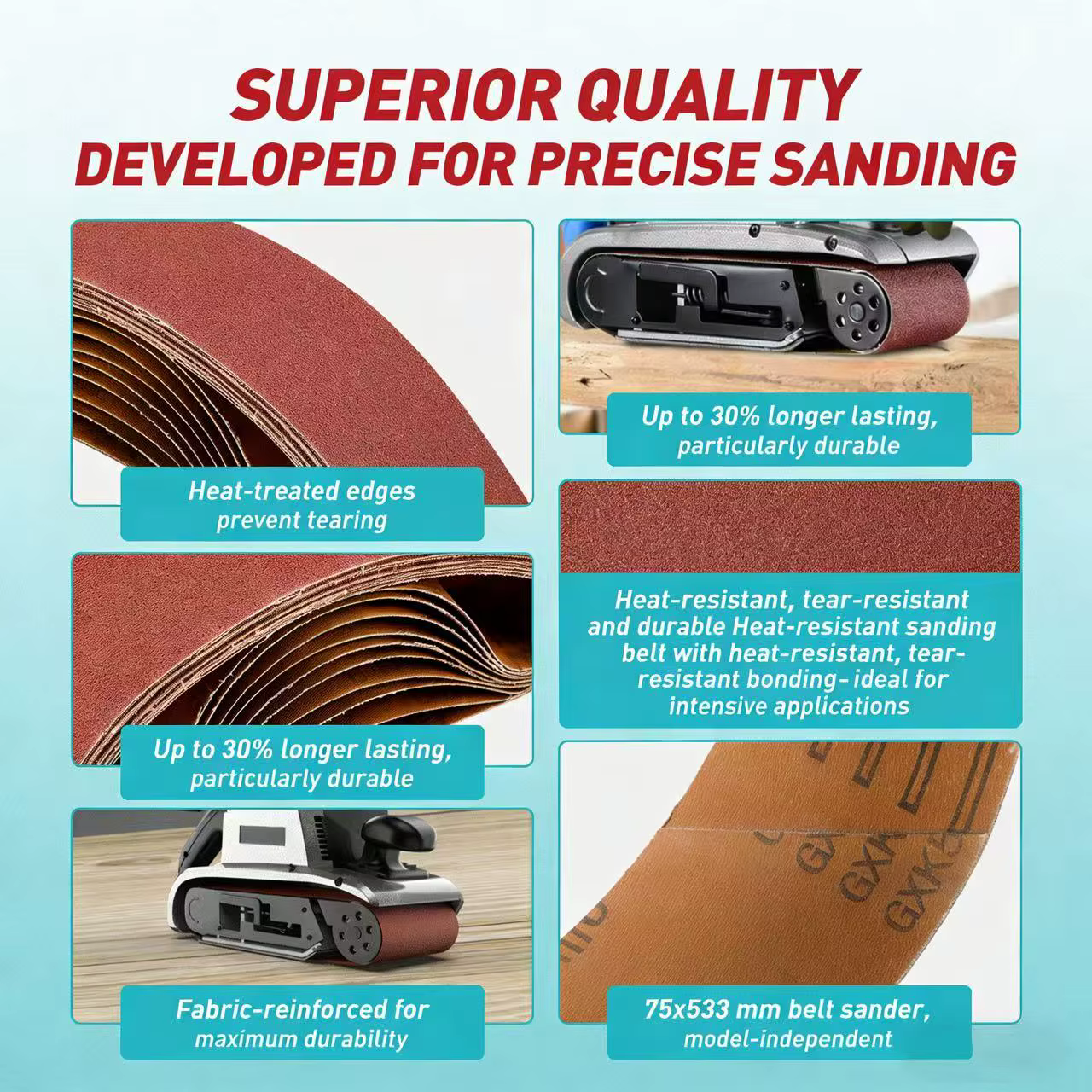 Bandes abrasives 75*533mm en oxyde d'aluminium pour ponceuses à bande
