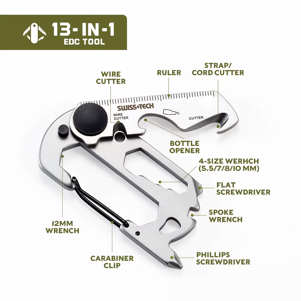 SWISS TECH 13 en 1 Mini outils multifonctionnels portables petit outil EDC de poche Kit multi-outils mousqueton pince randonnée Camping Gadgets