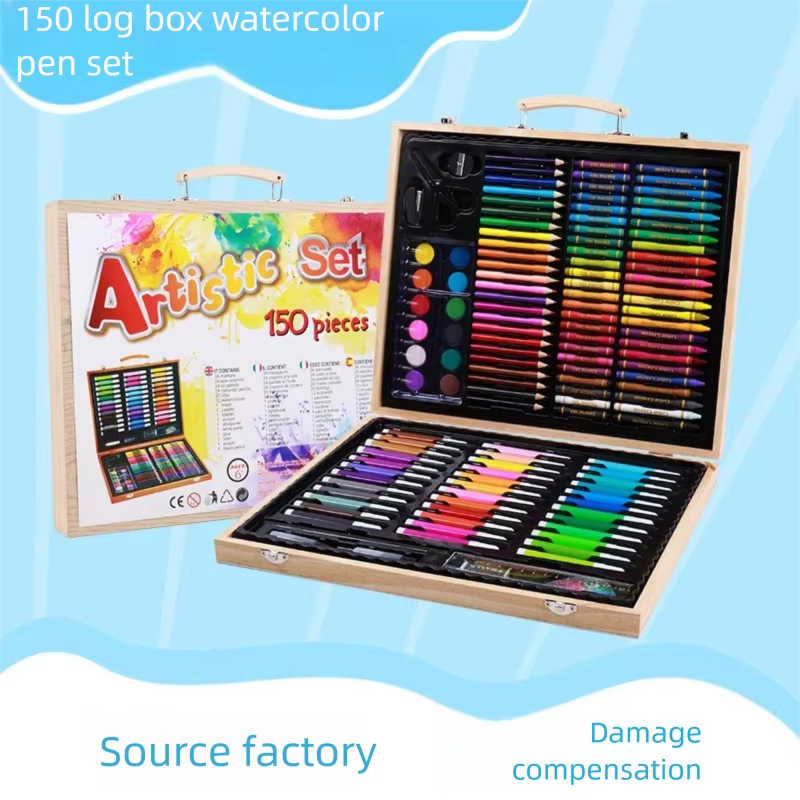 Kit d'outils de dessin pour enfants, ensemble d'art, marqueurs aquarelle, Crayons, ensemble de dessin, bâton de peinture à l'huile, Graffiti, boîte cadeau en bois, 150 pièces/ensemble