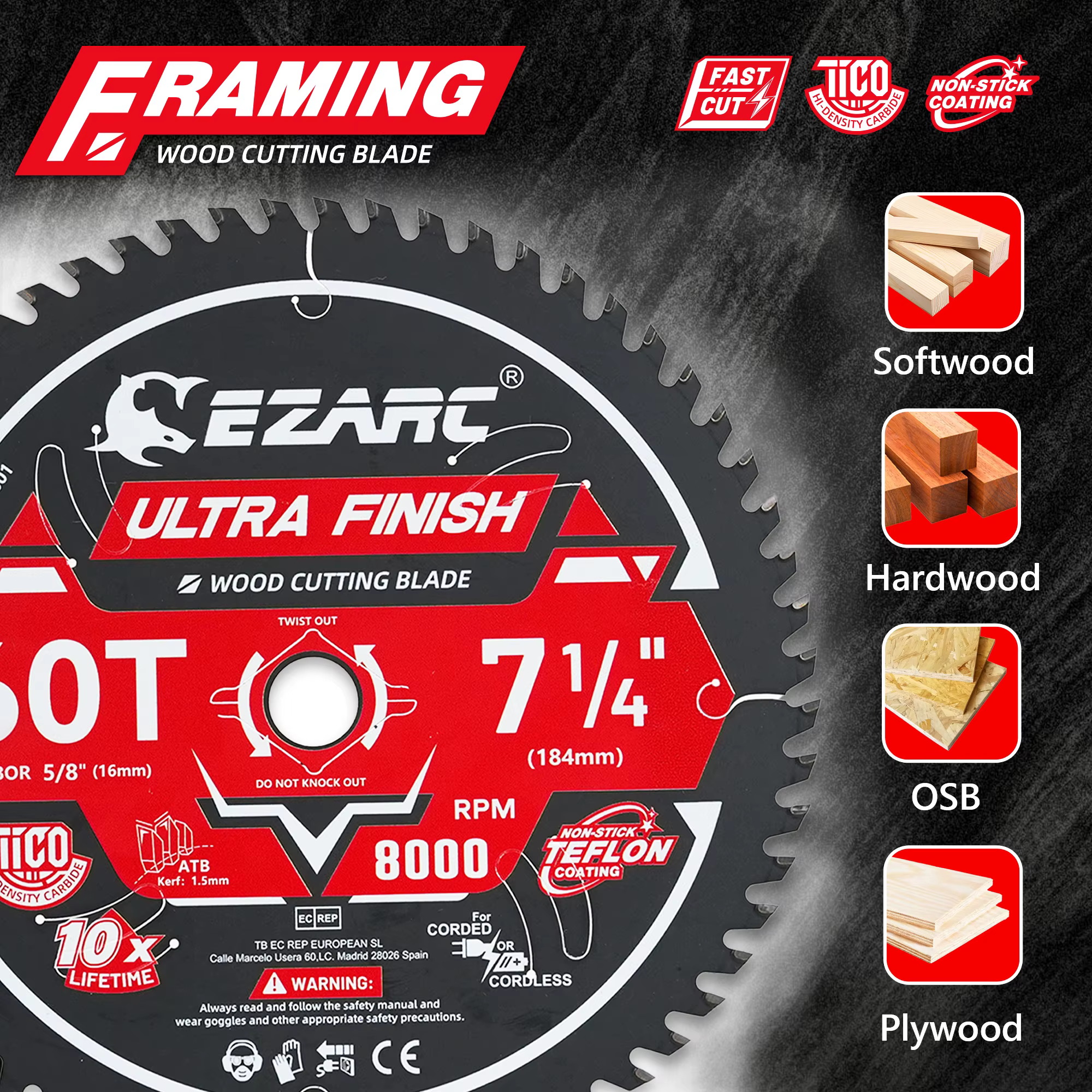 Lame de scie circulaire EZARC 60T – Durée de vie 10 fois supérieure