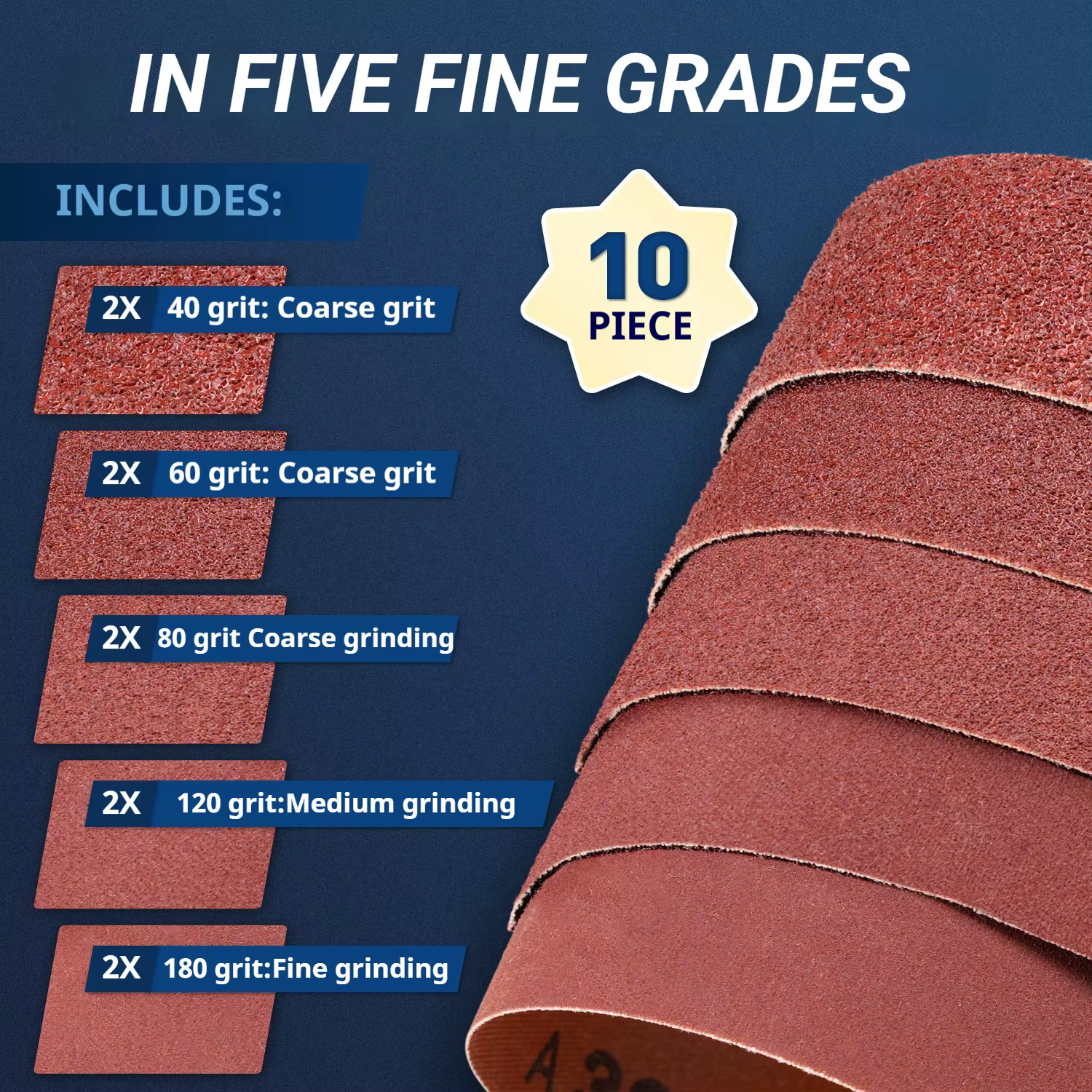 Lot de 10 bandes abrasives 75x533mm (3x21 pouces) en oxyde d'aluminium