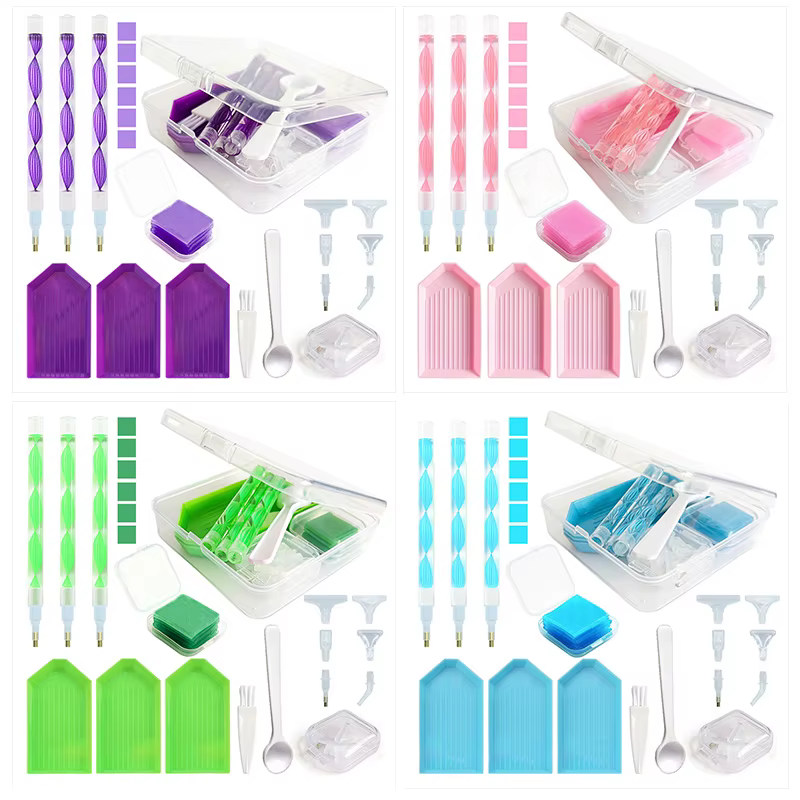 Kit d'outils de broderie diamant DIY, boîte de rangement 4 couleurs avec plateau, ensemble de pinces à cire et stylos, accessoires de broderie diamant 5D, outils d'artisanat