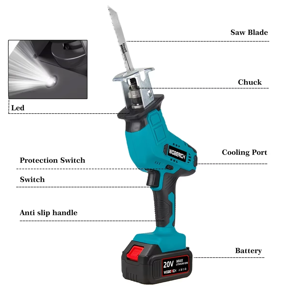Scie alternative sans fil 21V tronçonneuse coupe bois/métal/tuyau PVC vitesse réglable avec lames