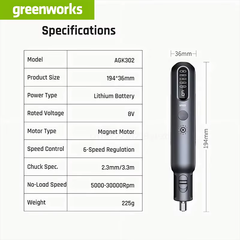 Mini-meuleuse sans fil Greenworks 8V 80W 52 pièces