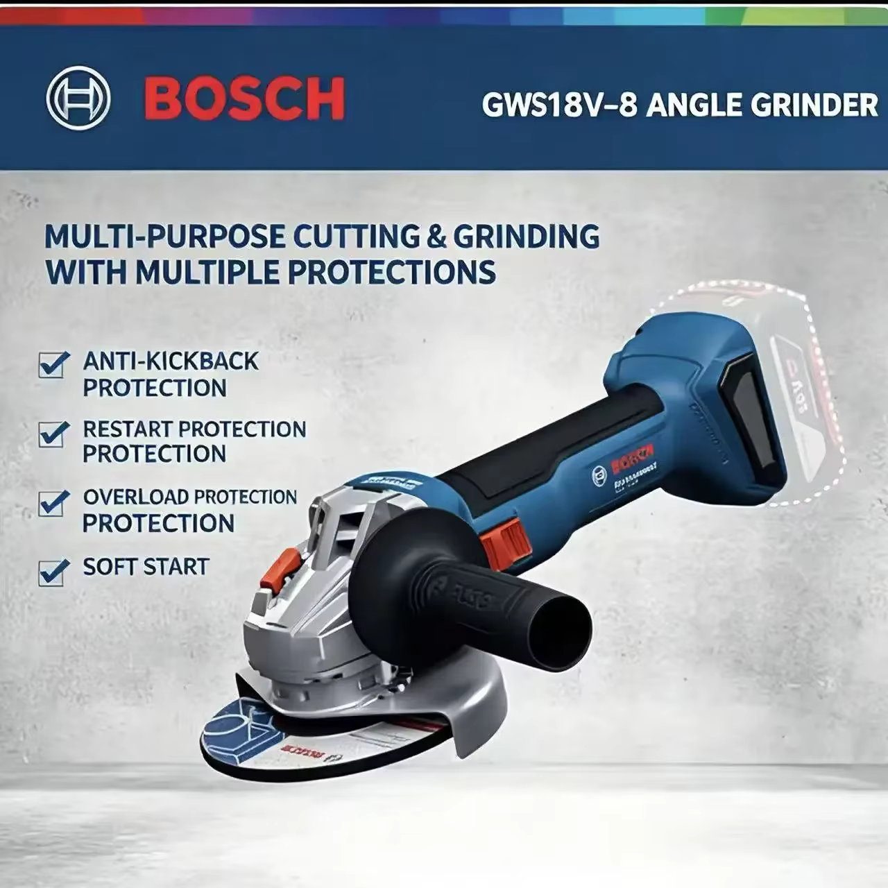 Meuleuse d'angle professionnelle Bosch GWS 18V-8, sortie stable pour la découpe quotidienne du métal et les travaux réguliers de polissage de surface