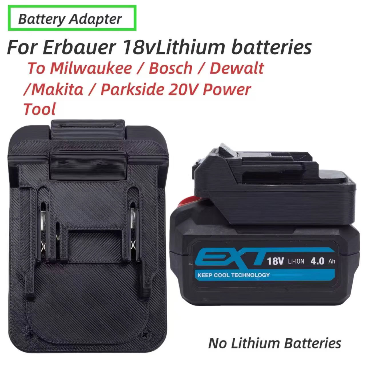 Adaptateur convertisseur pour batterie Erbauer 18V vers Milwaukee / Bosch / Dewalt /Makita / Parkside 20V Drill