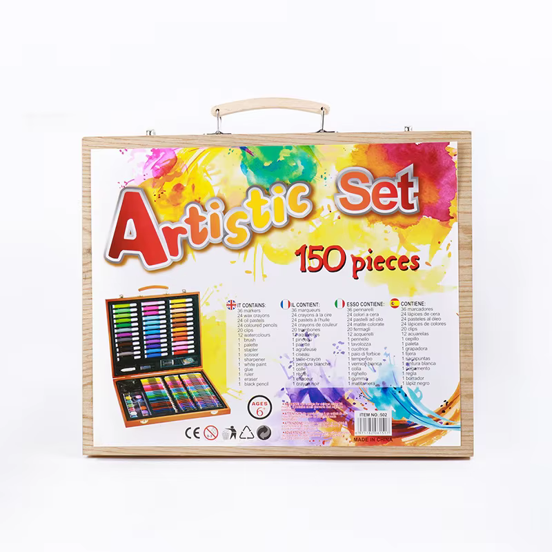Kit d'outils de dessin pour enfants, ensemble d'art, marqueurs aquarelle, Crayons, ensemble de dessin, bâton de peinture à l'huile, Graffiti, boîte cadeau en bois, 150 pièces/ensemble
