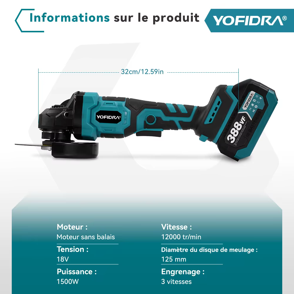 YOFIDRA 125mm meuleuse d'angle électrique sans brosse 3 vitesses polisseuse sans fil coupe outil