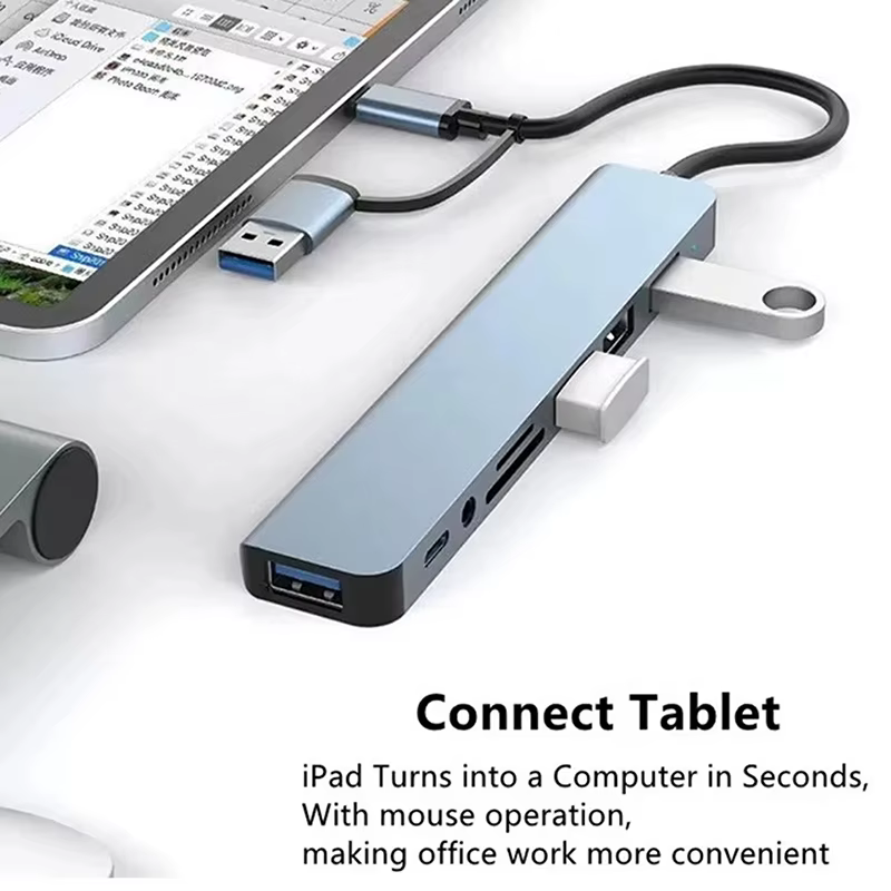 Hub d'extension USB C multifonctionnel 8 en 1 avec 4 connexions USB, port USBC et lecteur de carte TF/SD pour MacBook