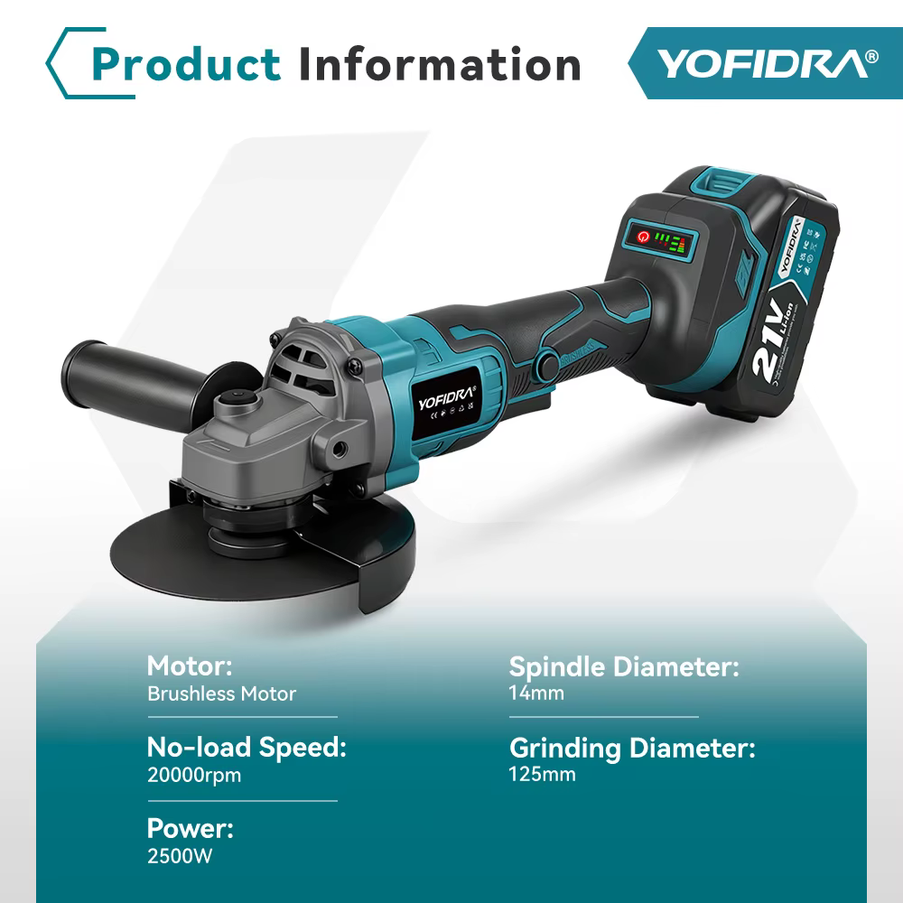 YOFIDRA 125mm meuleuse d'angle sans brosse 3 vitesses sans fil métal bois meulage polissage outil de coupe pour Makita 21V batterie broche