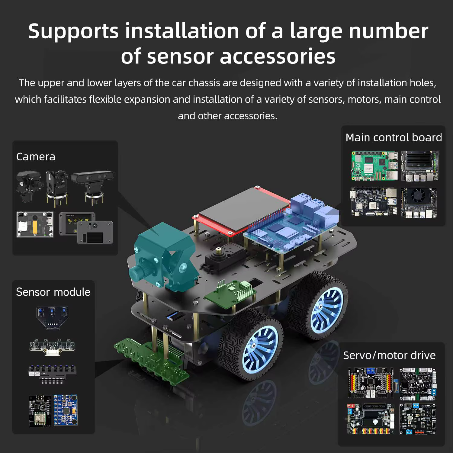 Mini châssis de voiture Robot intelligent, Kit en alliage d'aluminium à roues avec pneus en caoutchouc de 65MM, moteurs 520 de type L pour le développement électronique de bricolage