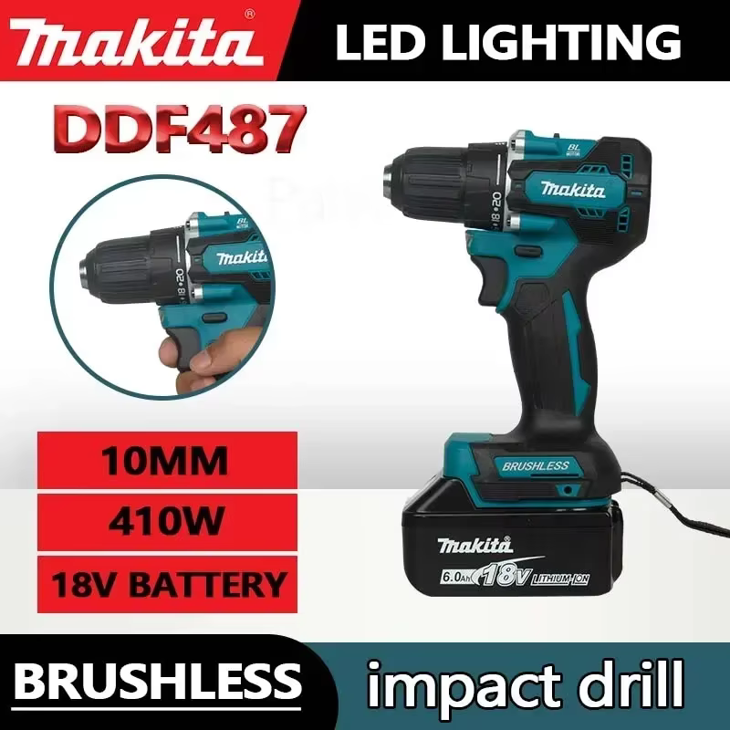 Perceuse sans fil Makita 18V sans balais DDF487 - Perceuse-visseuse électrique compacte avec 20 réglages de couple pour le bois et le métal (outil nu)