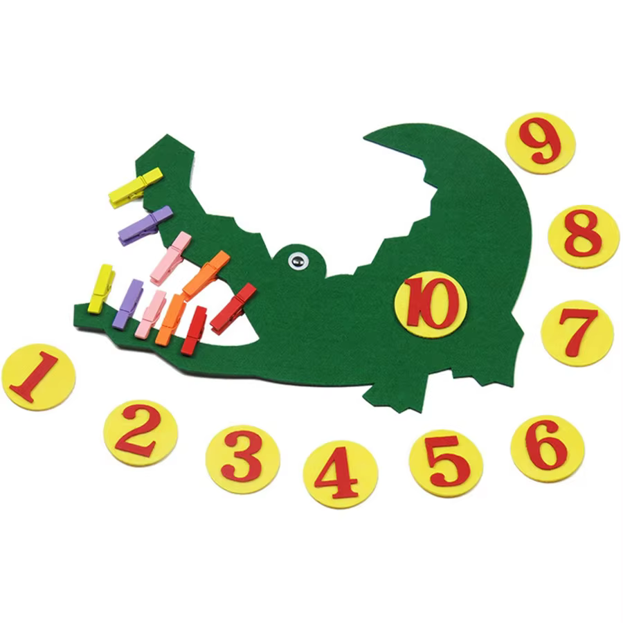 1-10 Crocodile numérique en feutre à pinces, outils pédagogiques de mathématiques pour l'école, pour l'apprentissage des nombres et de la cognition, à assembler librement