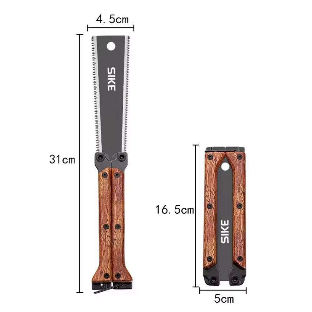 Scie à main pliable à double tranchant avec manche en bois pour le travail