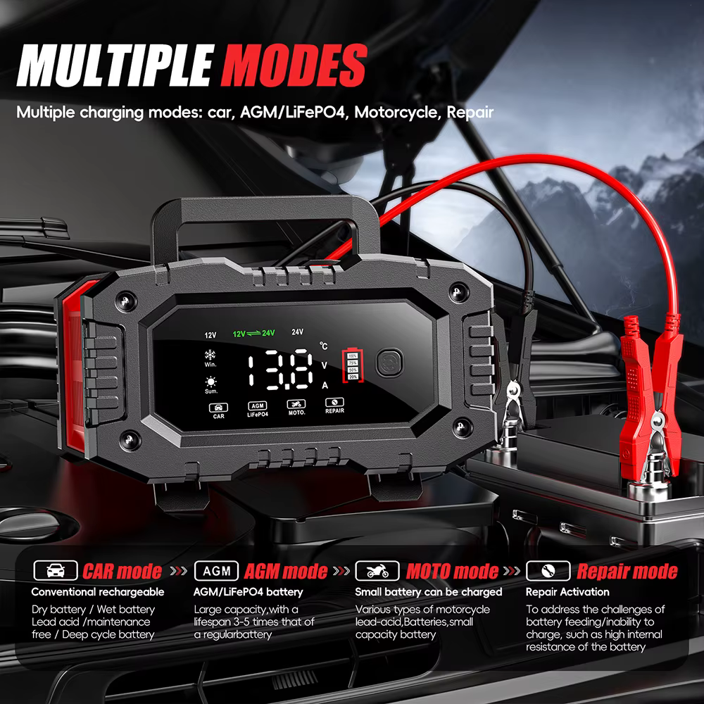 Chargeur intelligent de batterie de voiture et de moto FOXSUR 20A/10A 12V/24V pour batteries au plomb-acide et LiFePO4