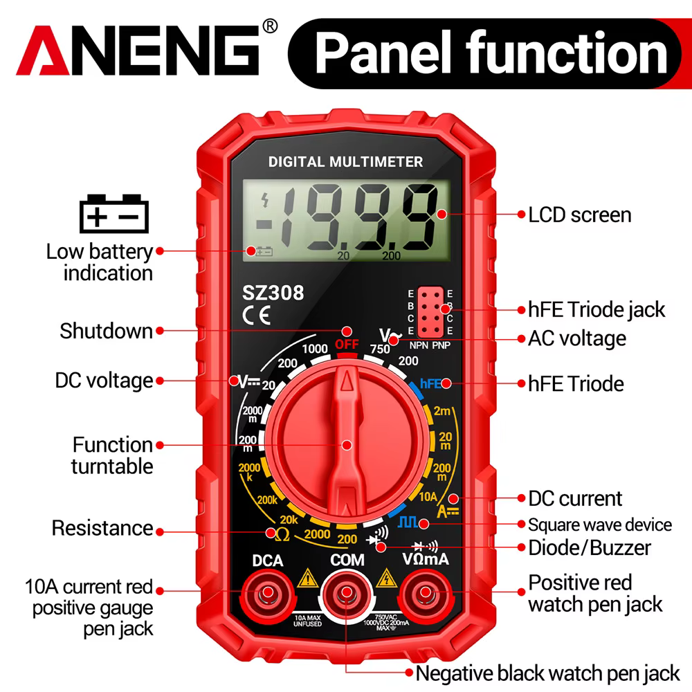 Multimètre numérique ANENG SZ308 1999 points de mesure AC/DC haute précision multifonctionnel pour tension