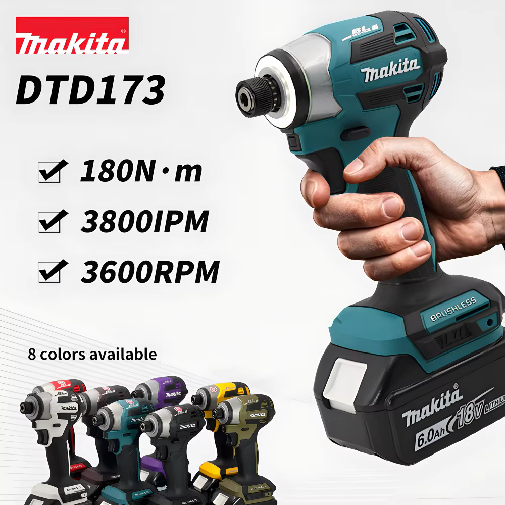 Makita DTD173 18V Visseuse à percussion sans fil 180N.m Perceuse électrique sans balais Tournevis LED Outils électriques multifonctions pour la maison