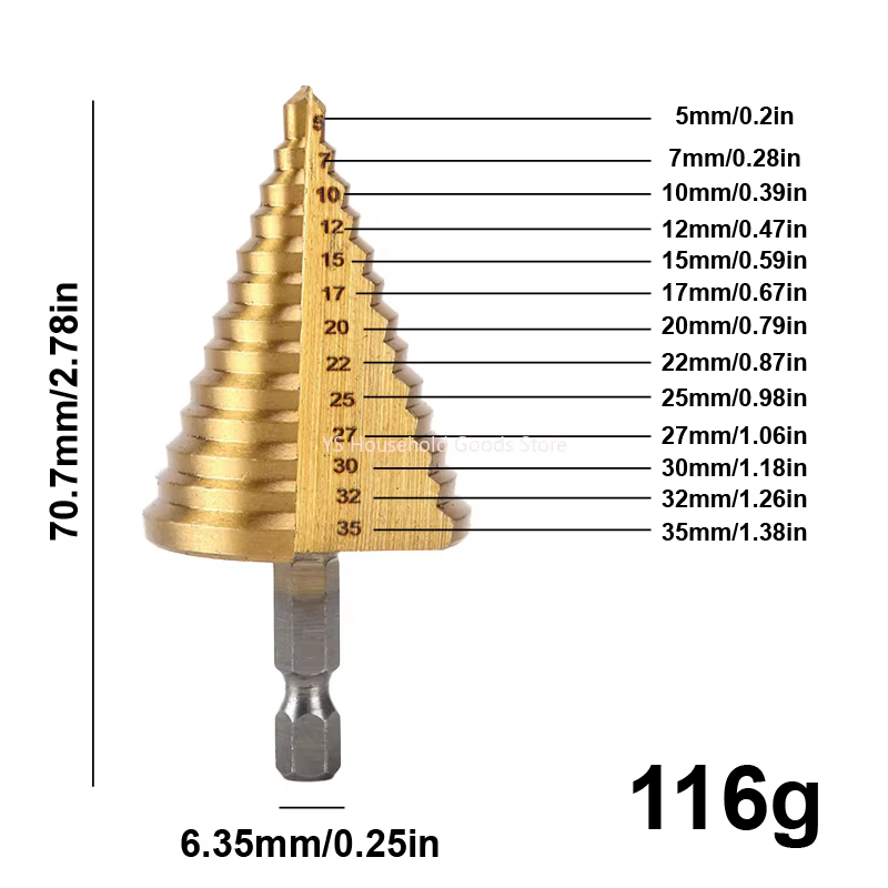 Foret étagé hexagonal à rainure droite en titane doré 5-35 mm pour bois