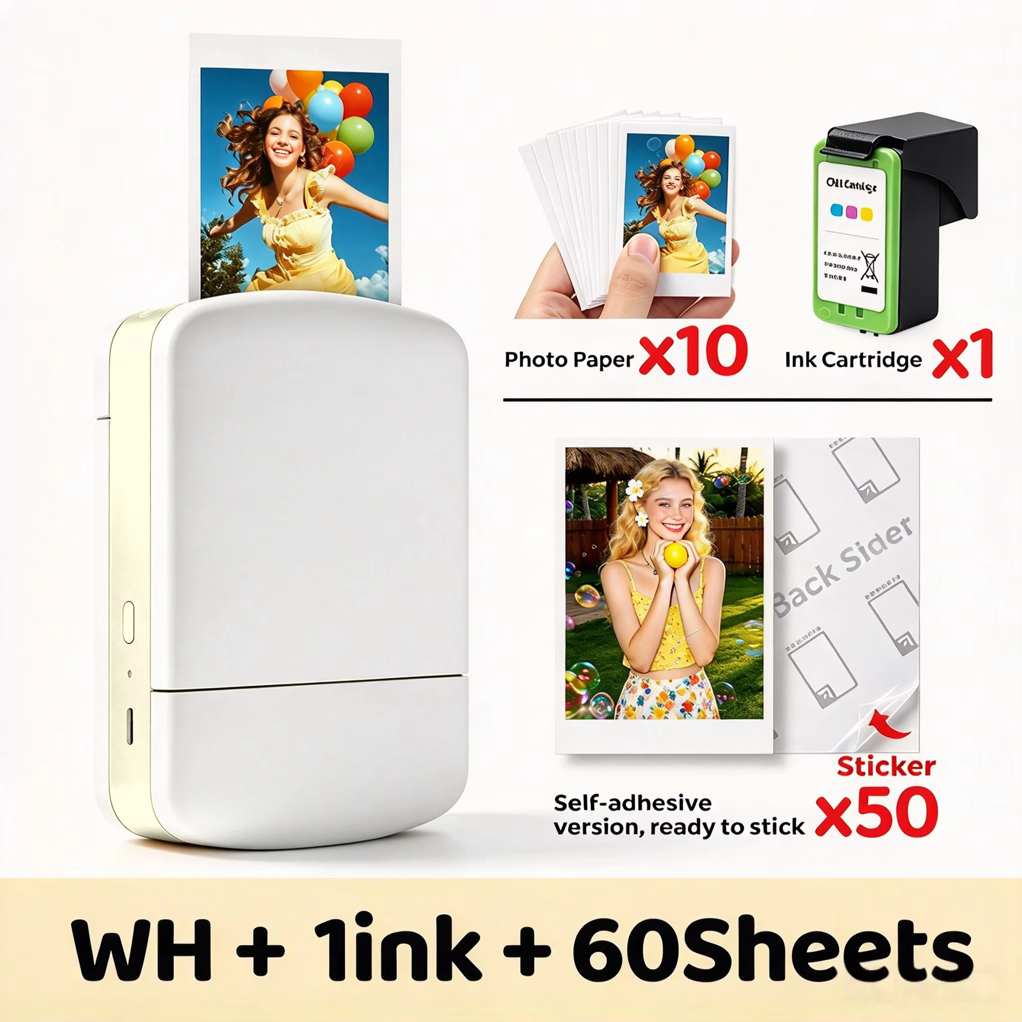 Imprimante photo couleur portable, imprimante sans fil Bluetooth pour smartphone, impression instantanée couleur à jet d’encre avec une résolution de 600 DPI ; papier photo inclus.