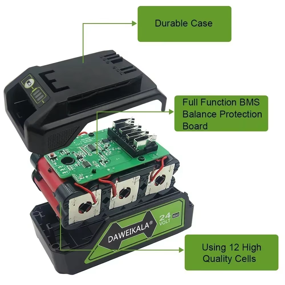 Batterie Li-ion Rechargeable de remplacement 24V 3.0/6.0Ah pour outils Greenworks compatible 29842 29852 29322 20362 MO24B410 MO48L4211
