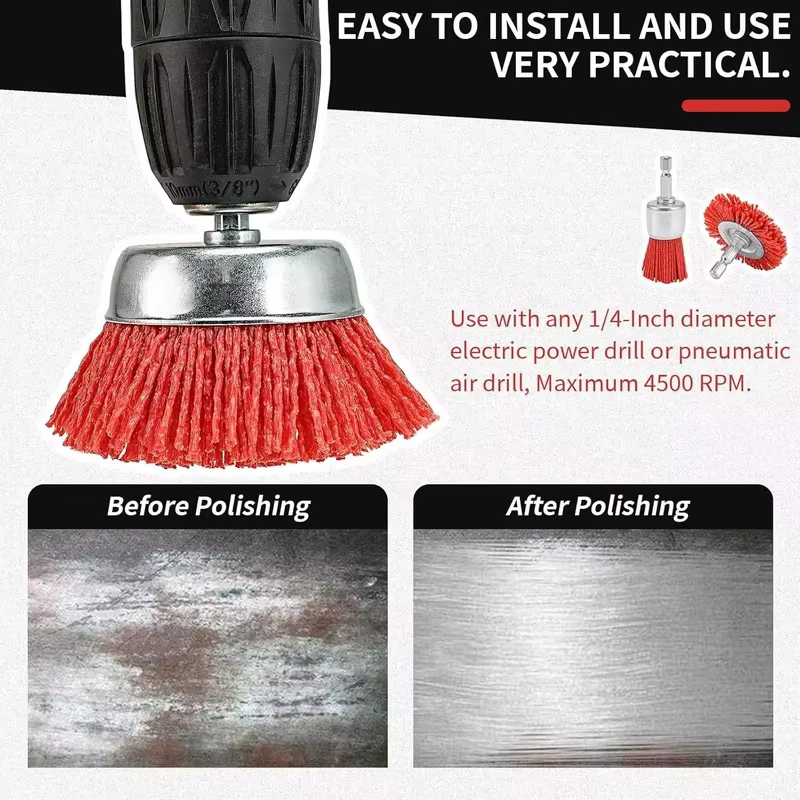 Brosse en nylon abrasive à fil métallique avec tige de 1/4 po pour perceuse