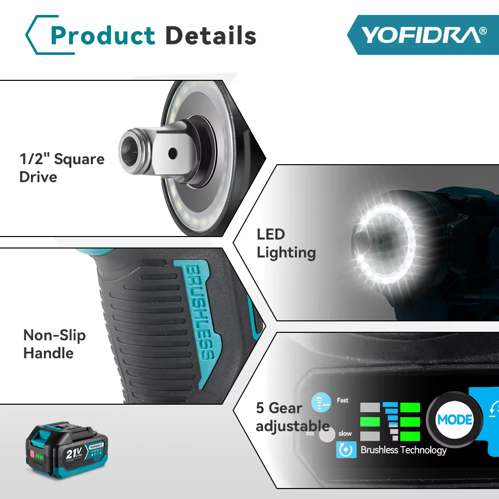 YOFIDRA 5 vitesses 1200N.M couple clé électrique sans brosse tournevis de voiture sans fil outils électriques domestique
