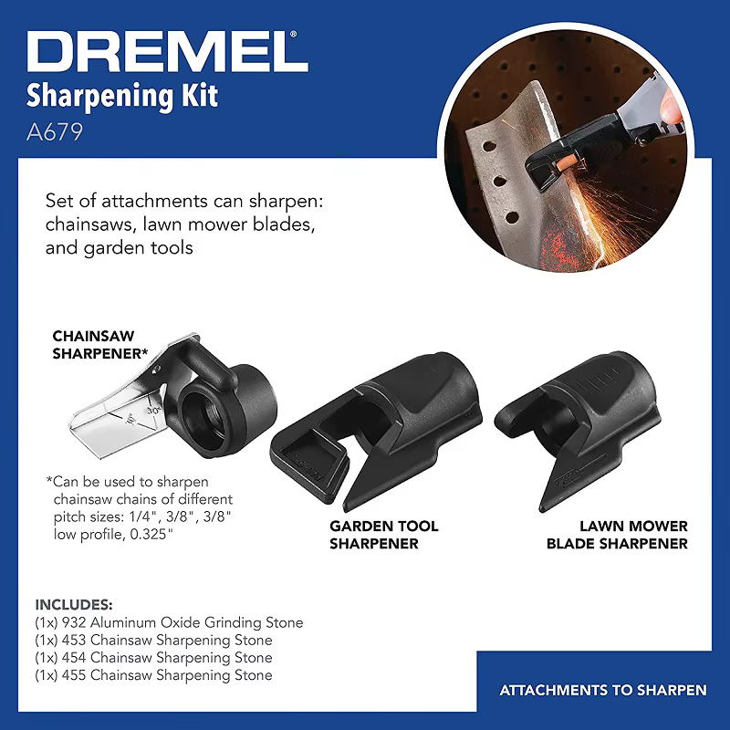 Dremel A679-02 Kit d'affûtage d'outils de jardin comprend 3 accessoires Affûteur de tondeuse à gazon de scie à chaîne