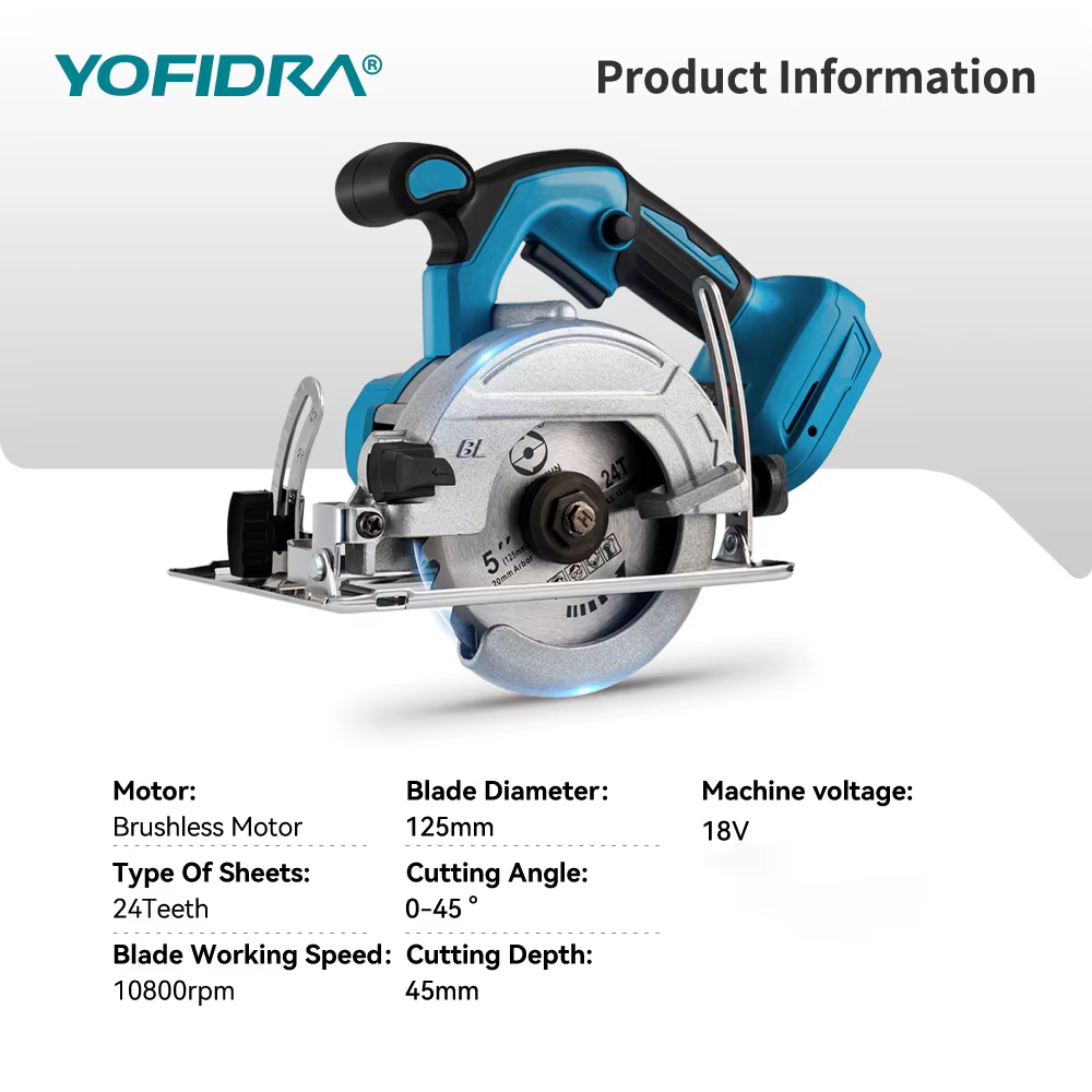 YOFIDRA 5 pouces 10800 tr/min scie circulaire électrique sans brosse sans fil 45 ° Outil