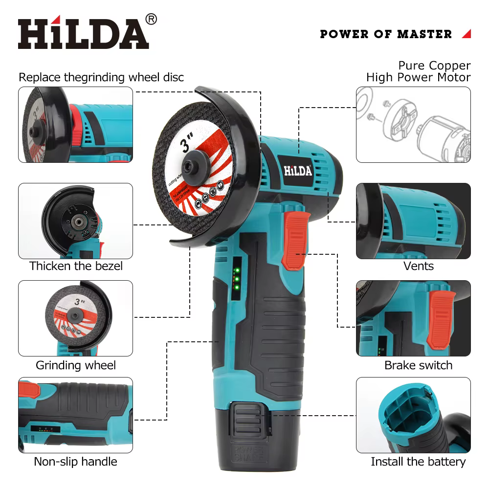 HILDA 12V 3/4 pouces Lithium meuleuse d'angle électrique batterie Rechargeable sans brosse/brossé Machine de polissage Mini Machine de découpe