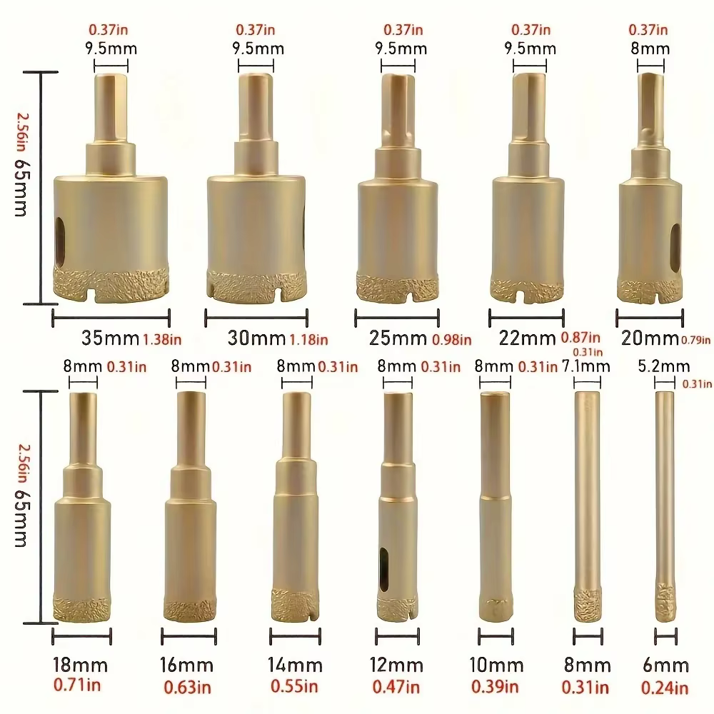 Kit de 12 forets diamantés pour verre, marbre et pierre - Kit de scies cloches de 6 à 35 mm avec outils manuels, pour granit, carrelage, céramique