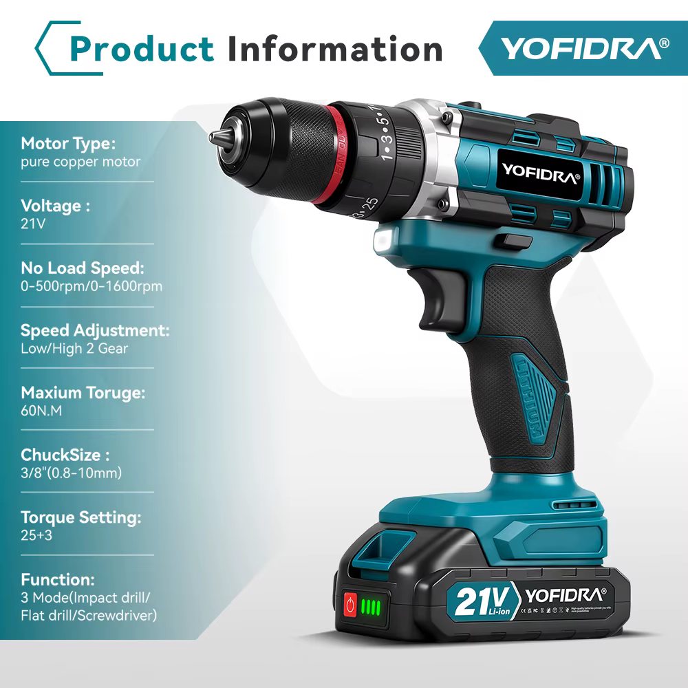 YOFIDRA 3IN1 perceuse à percussion électrique 25 + 3 couple