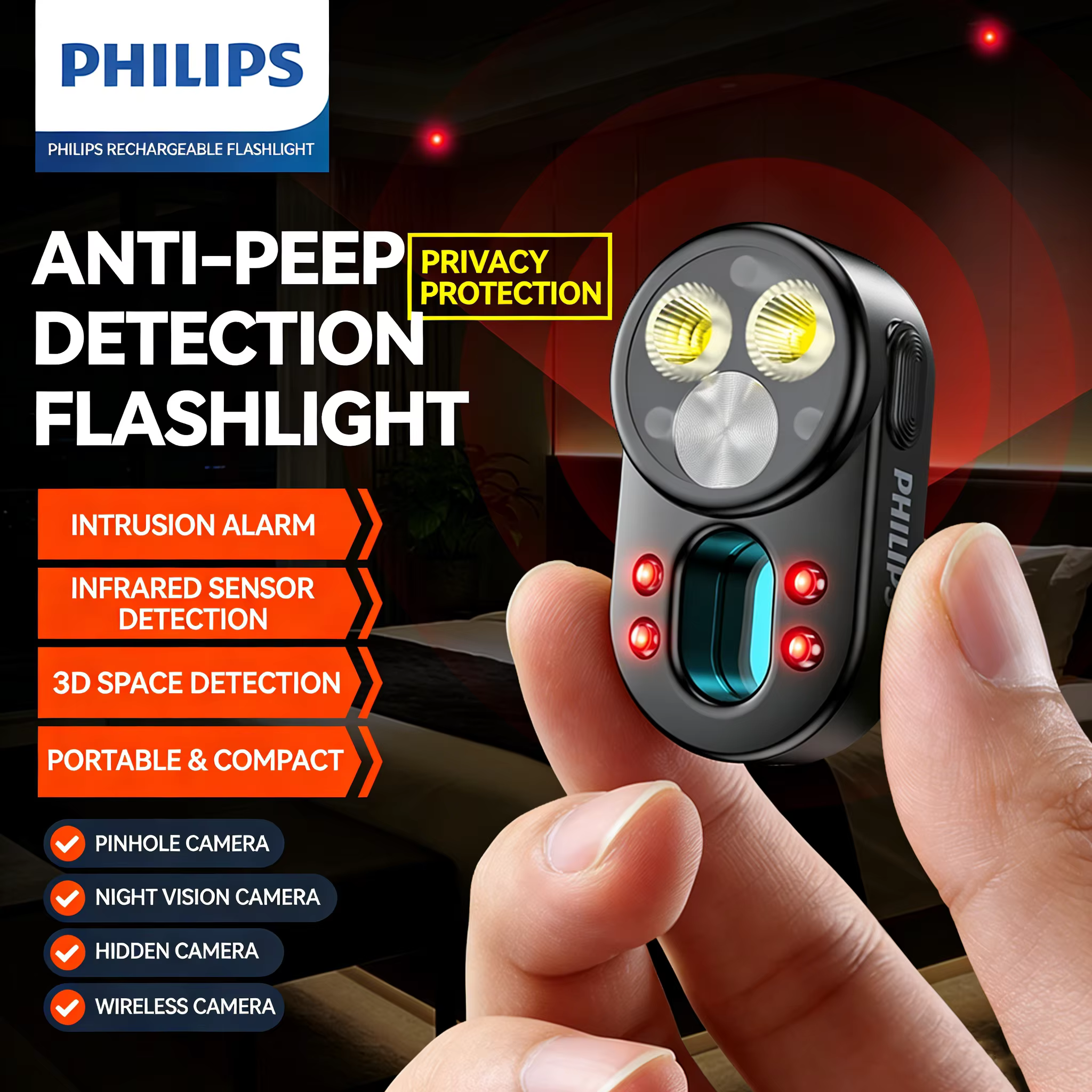 Lampe torche compacte multifonctionnelle Philips SFL1551 avec accroche pour sac à dos et clip de poche, idéale pour la lecture en extérieur