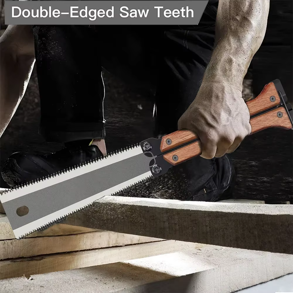 Scie à main pliable double face avec manche en bois pour le travail