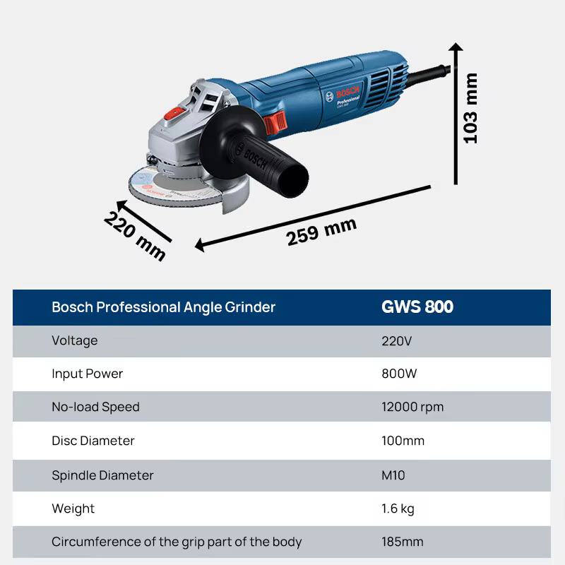 Meuleuse d'angle BOSCH GWS 800 | 800W 12000RPM | Disque de 100 mm | Pour la découpe et le meulage du métal/du pierre