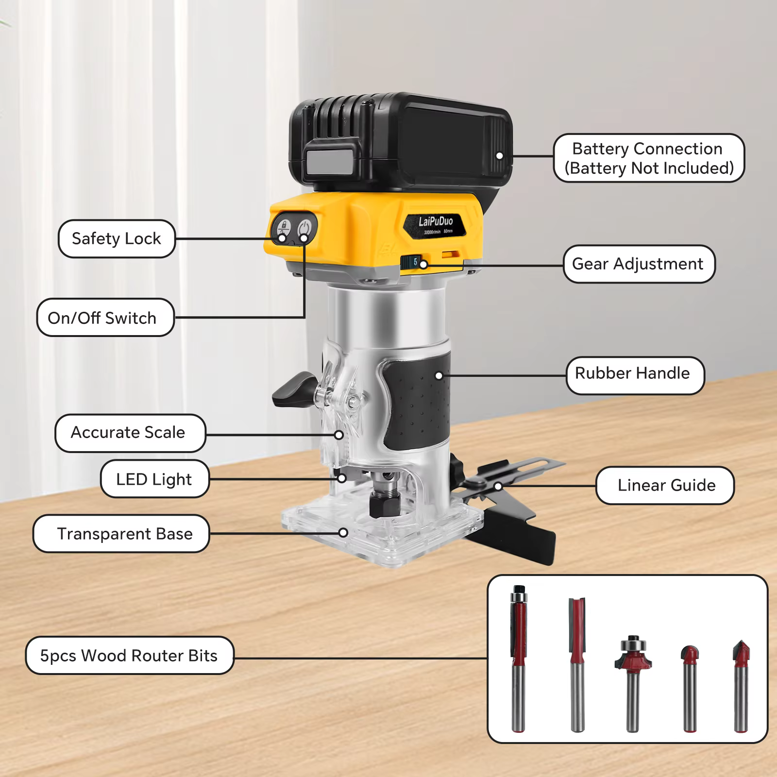 Routeur à bois sans fil 800W 30000 tr/min