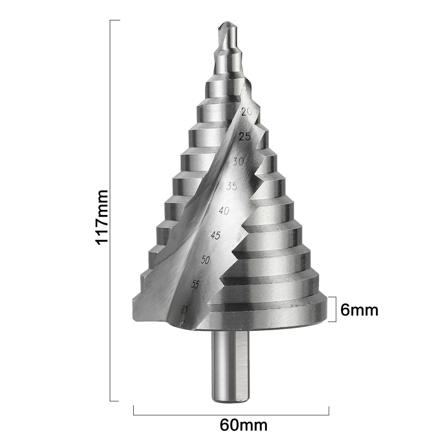Foret étagé 6-60mm, rainure en spirale, coupe-trou de pagode, feuille de métal, foret conique, tige triangulaire, ouvre-trou étagé