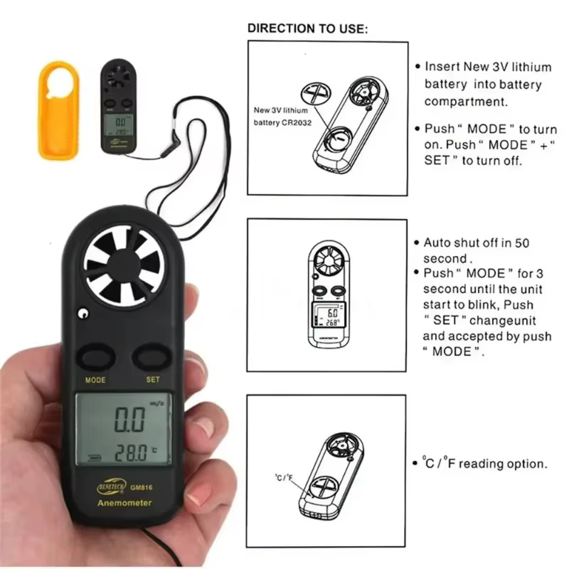 Anémomètre numérique portable avec affichage LCD rétroéclairé pour la mesure de la vitesse du vent et de la température, idéal pour la navigation, les drones, la randonnée, les applications HVAC et le