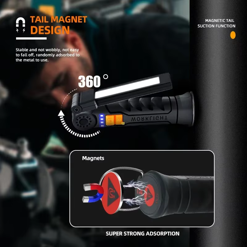 Lampe de travail rotative multifonctionnelle, lampes de poche rechargeables USB avec crochet magnétique, idéale pour l'inspection et l'urgence des réparations automobiles