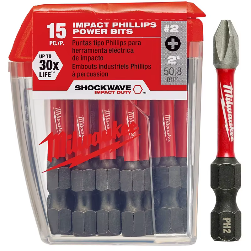 Embouts d'impact Milwaukee PH2 2" (50 mm) – Lot de 15 – Shock Wave 50X LIFE avec boîte en plastique transparente – 48-32-5004