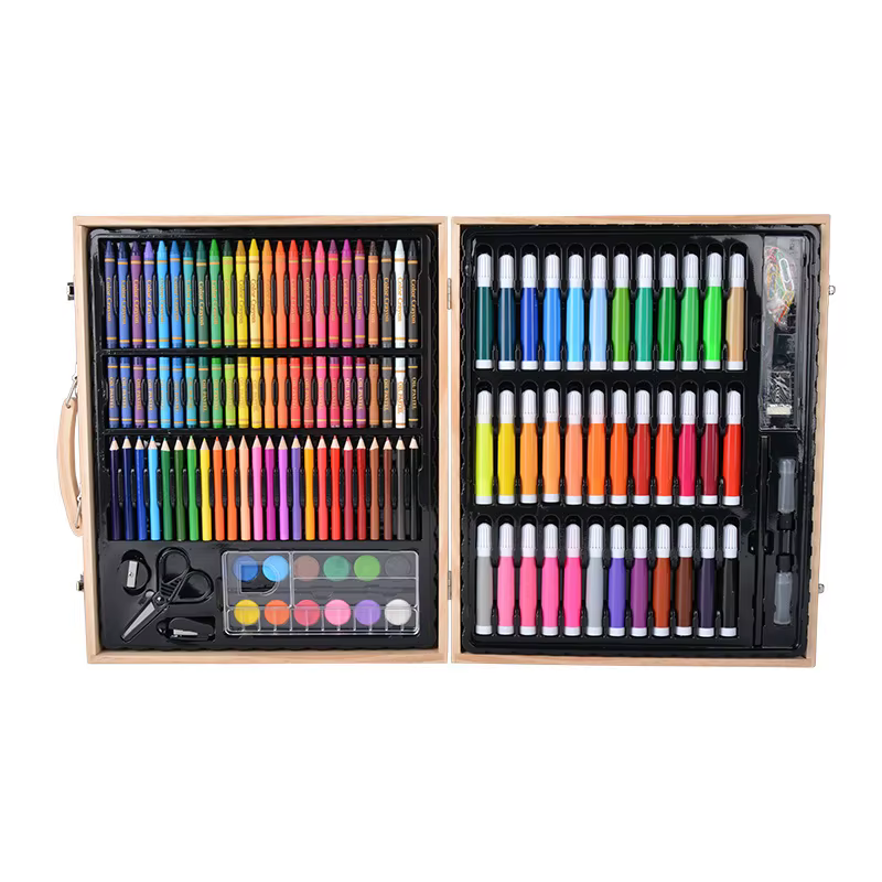Kit d'outils de dessin pour enfants, ensemble d'art, marqueurs aquarelle, Crayons, ensemble de dessin, bâton de peinture à l'huile, Graffiti, boîte cadeau en bois, 150 pièces/ensemble