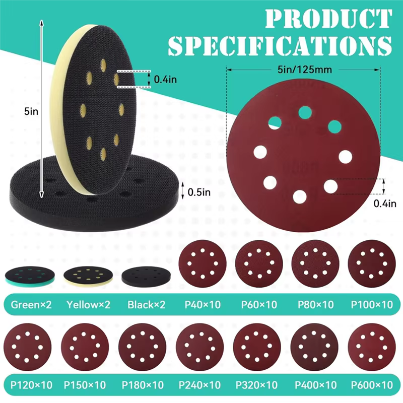 5 pouces 8 trous crochet et boucle ponceuse orbitale tampons en mousse et disques de ponçage 110 pièces